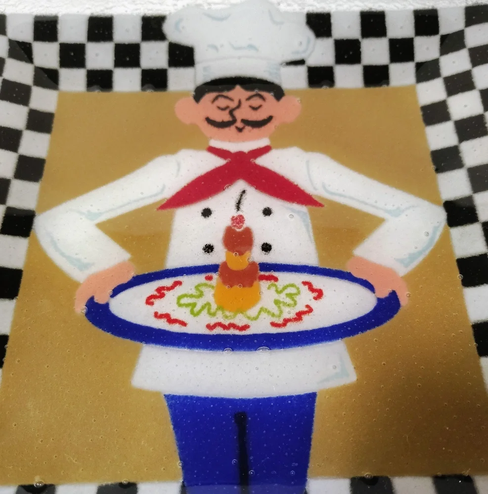 Peggy Karr VTG Fused Art Glass Bistro Chef Square Plate 10